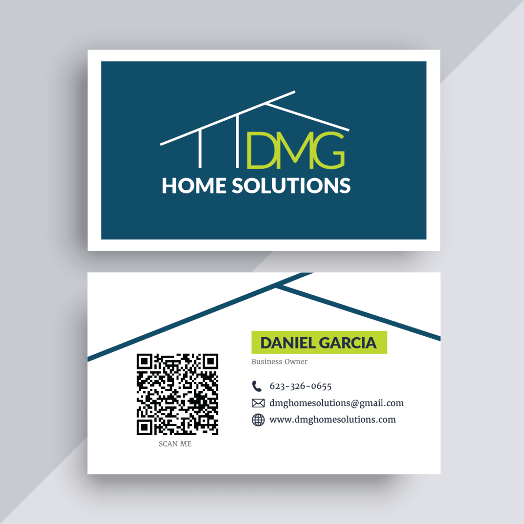 View of DMG Home Solutions business cards front and back