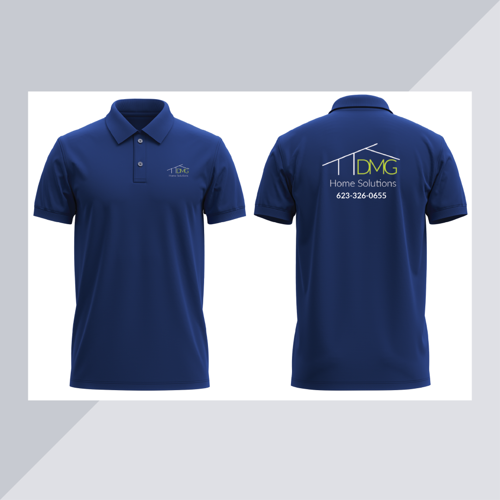 Front and back view a blue t-shirt with DMG logo