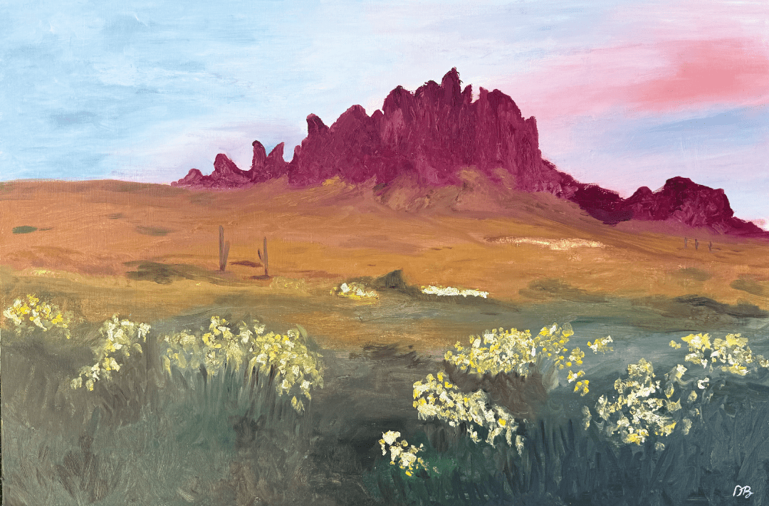Painting of a Red mountain in the desert with yellow wildflowers